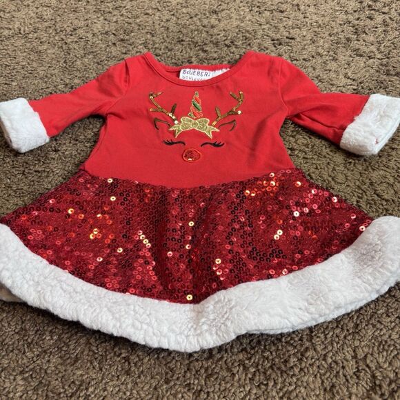 BlueBeri Boulevard Red Christmas Reindeer Sequin Dress Girls size 12 months - Picture 6 of 12